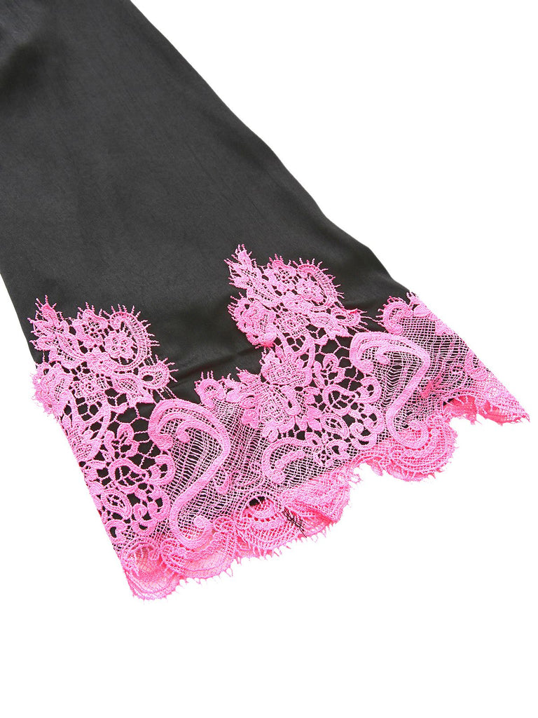 1960s Solid Satin Lace Trim Patchwork Tie Dress