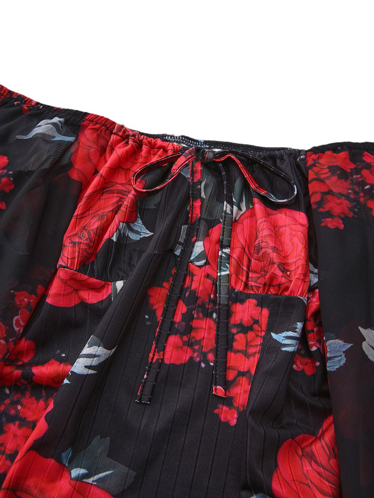 1960s French Tea Floral Off-Shoulder Bodycon Dress