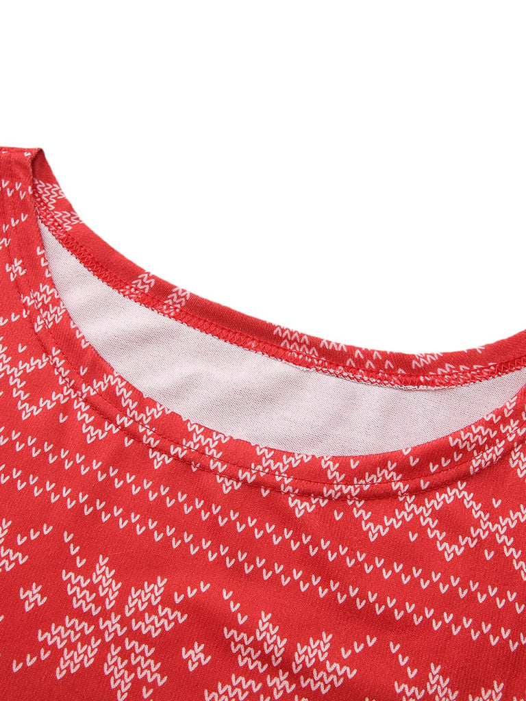 Red 1960s Christmas Reindeer Snowflake Belted Dress