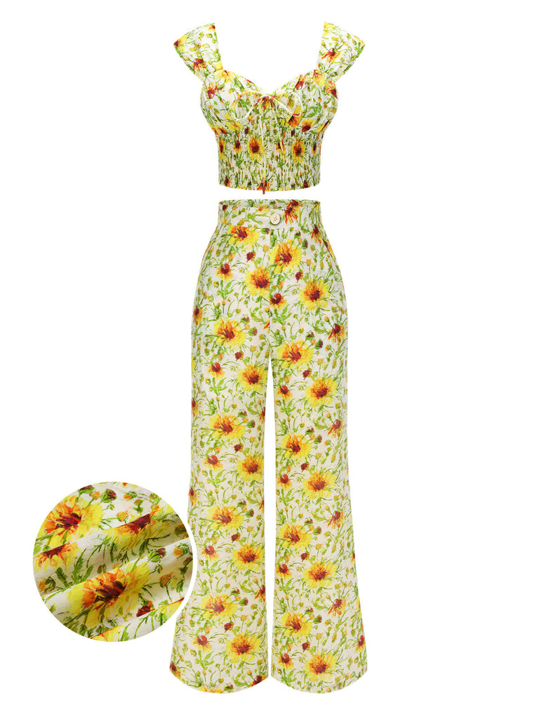 2PCS 1950s Sunflower Crop Top & Pants