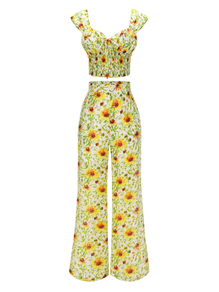 2PCS 1950s Sunflower Crop Top & Pants