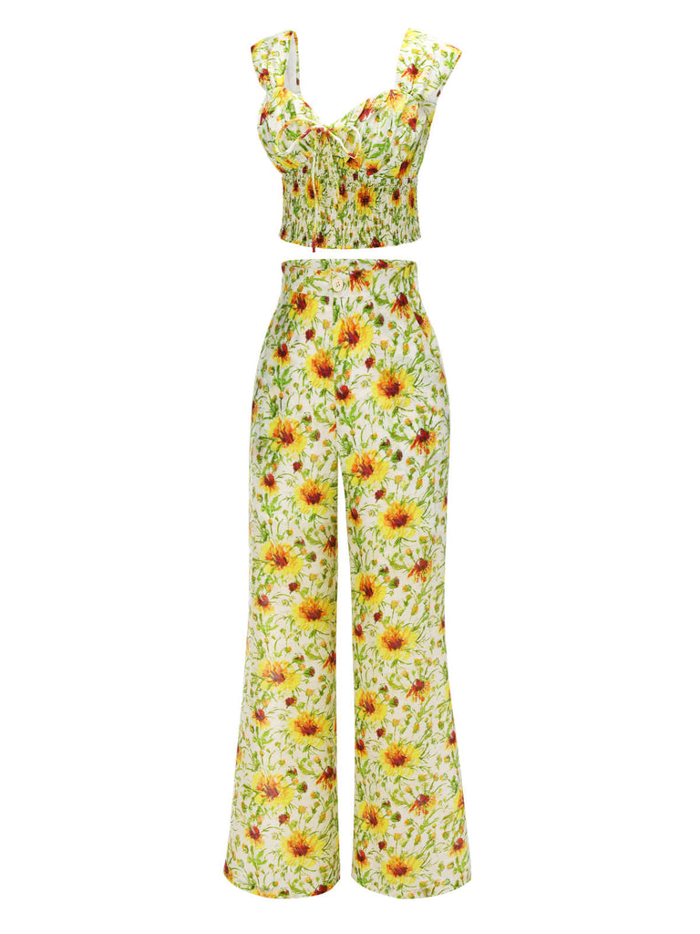 2PCS 1950s Sunflower Crop Top & Pants
