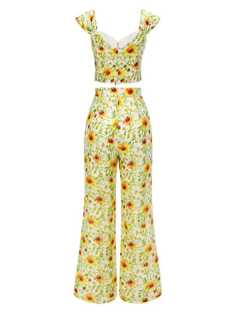 2PCS 1950s Sunflower Crop Top & Pants