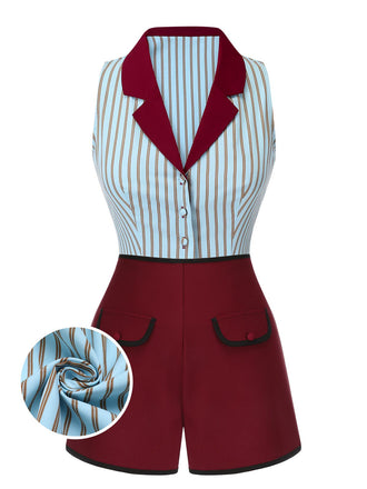 2PCS 1950s Blue Stripes Patchwork Blouse & Red Solid Shorts