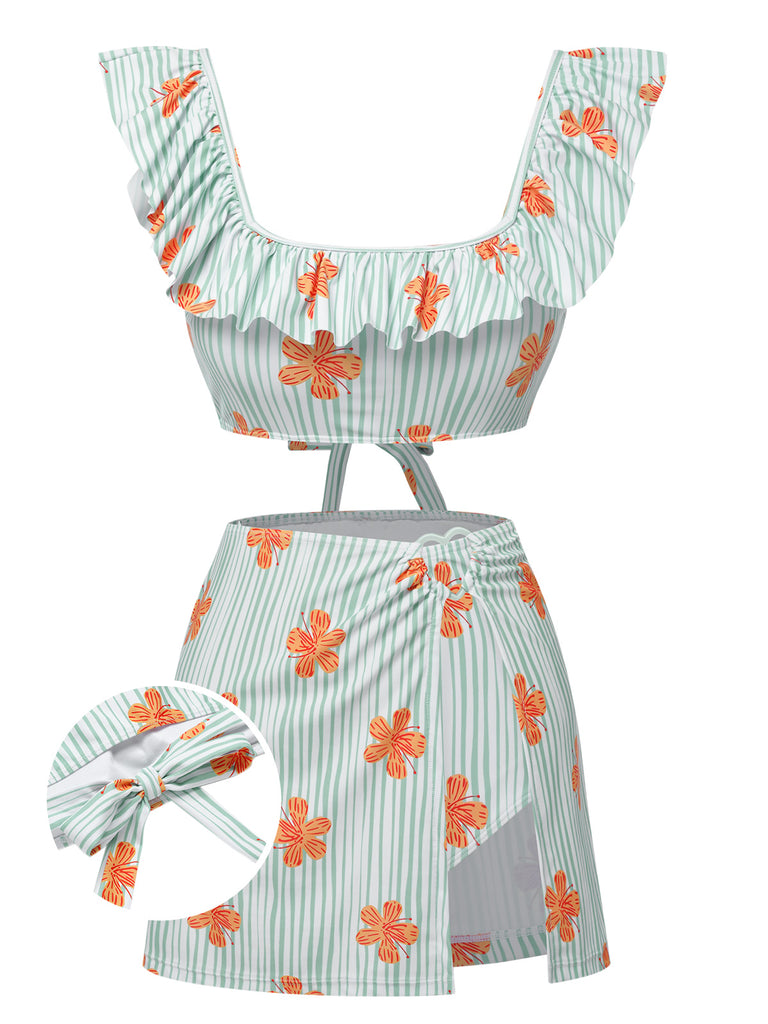 [Pre-Sale] Light Green 1950s Floral Stripe Swimsuit & Skirt Cover-Up