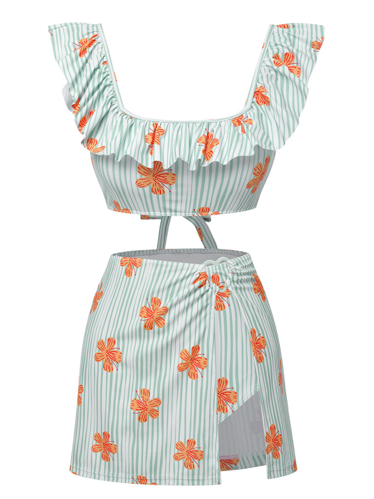 [Pre-Sale] Light Green 1950s Floral Stripe Swimsuit & Skirt Cover-Up