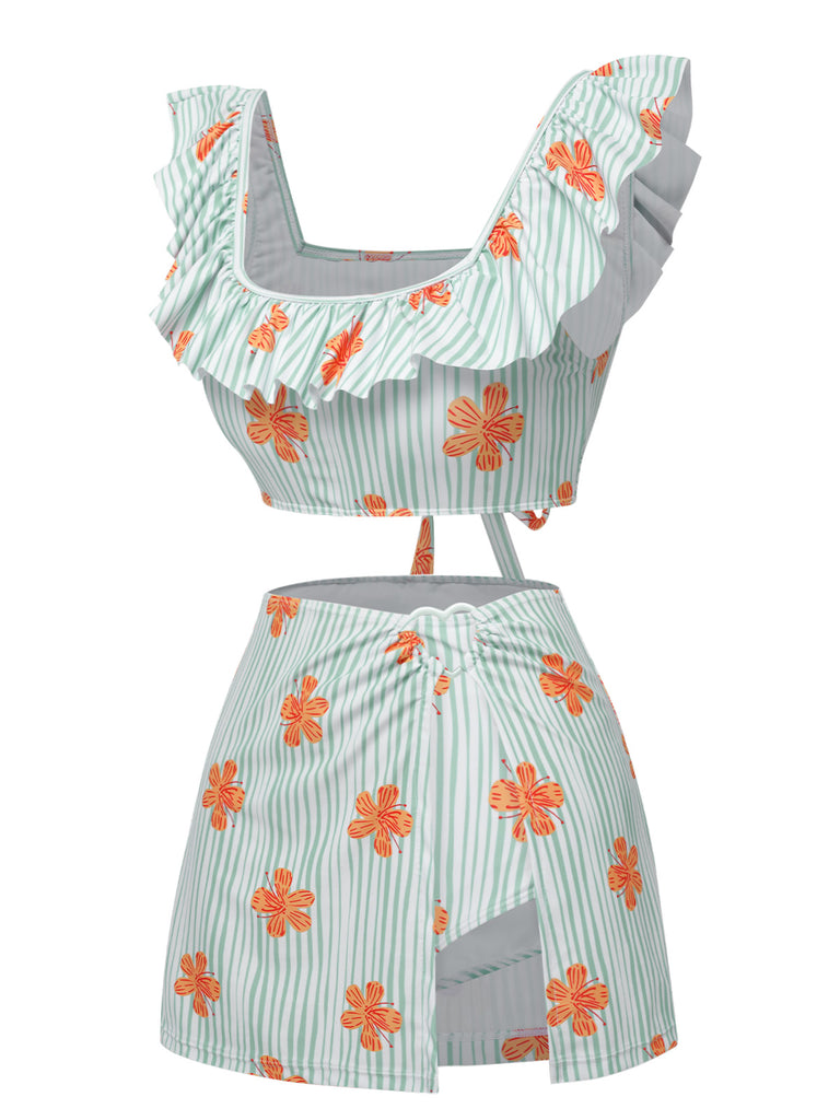 [Pre-Sale] Light Green 1950s Floral Stripe Swimsuit & Skirt Cover-Up