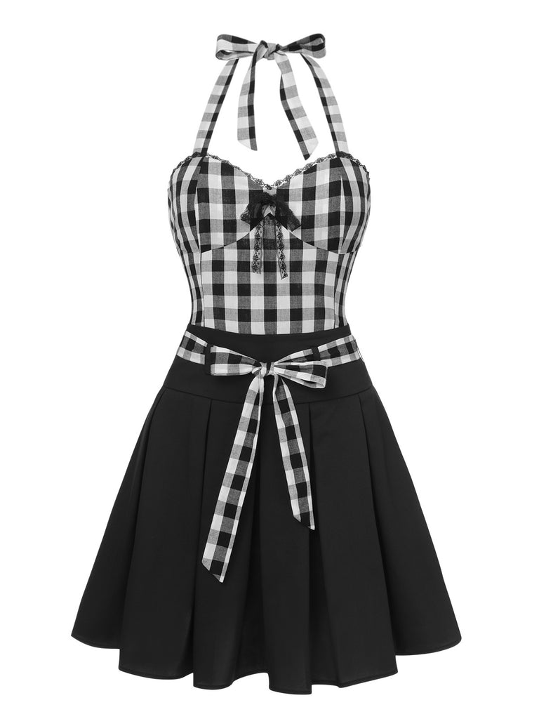 2PCS Black 1950s Plaid Halter Top & Umbrella Skirt