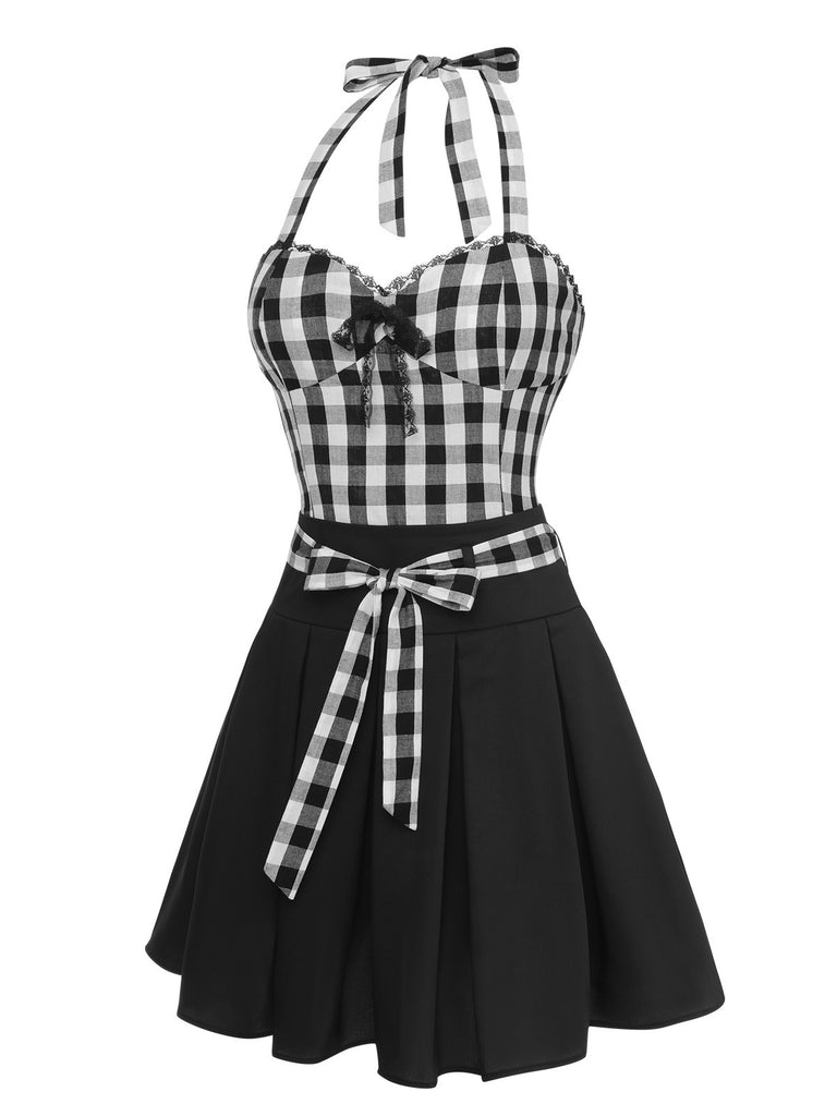 2PCS Black 1950s Plaid Halter Top & Umbrella Skirt
