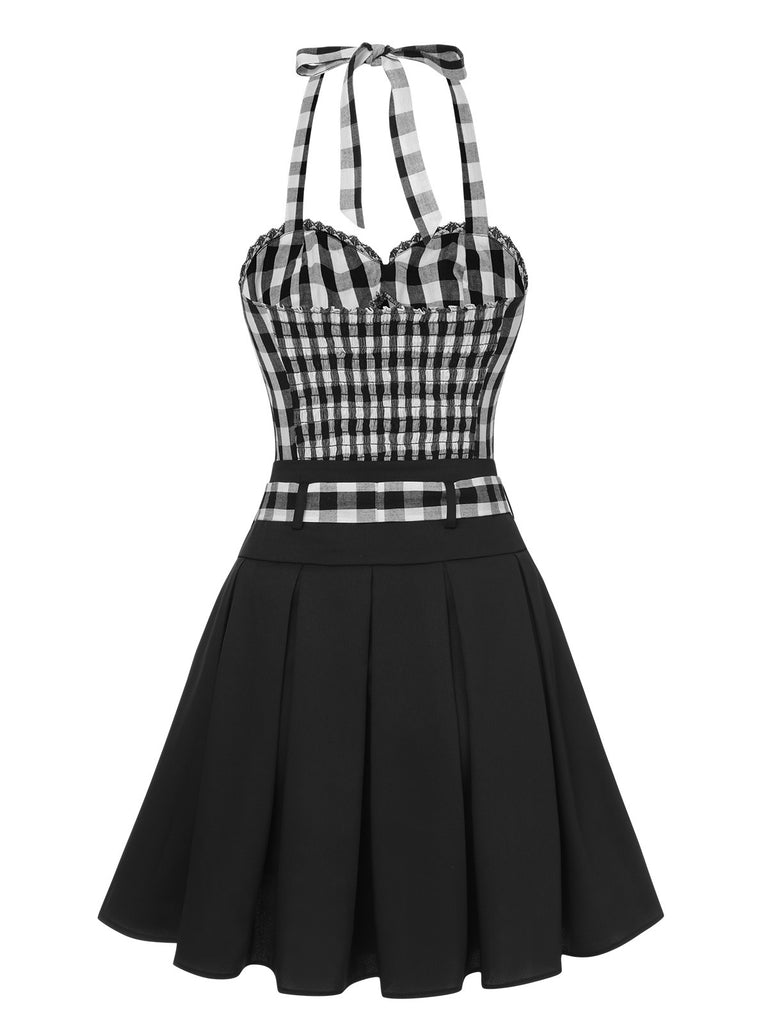 2PCS Black 1950s Plaid Halter Top & Umbrella Skirt