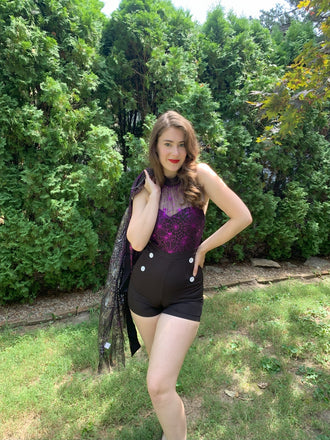 2PCS Black & Purple 1950s Spiderweb Mesh Romper & Skirt Cover-Up