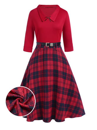 2PCS Red 1940s Lapel Top & Plaid Skirt