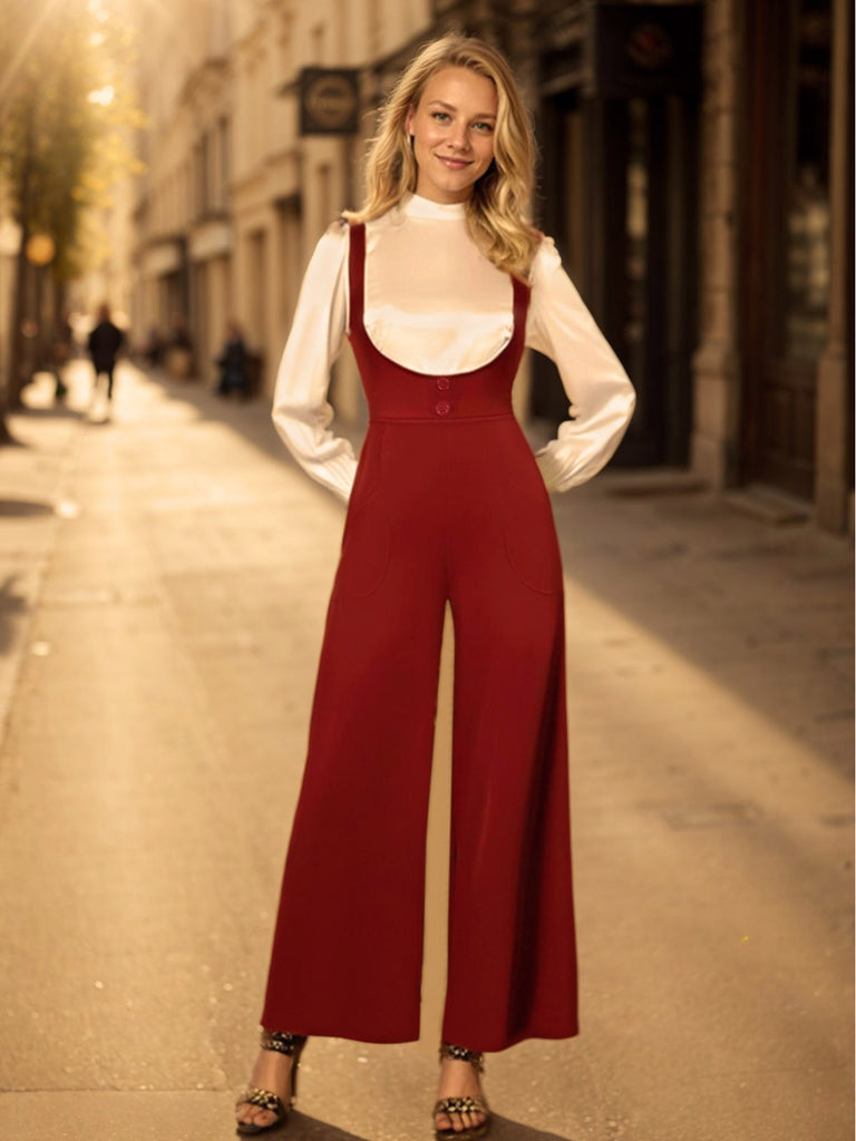 2PCS 1970s Satin High Neck Blouse & Suspender Pants