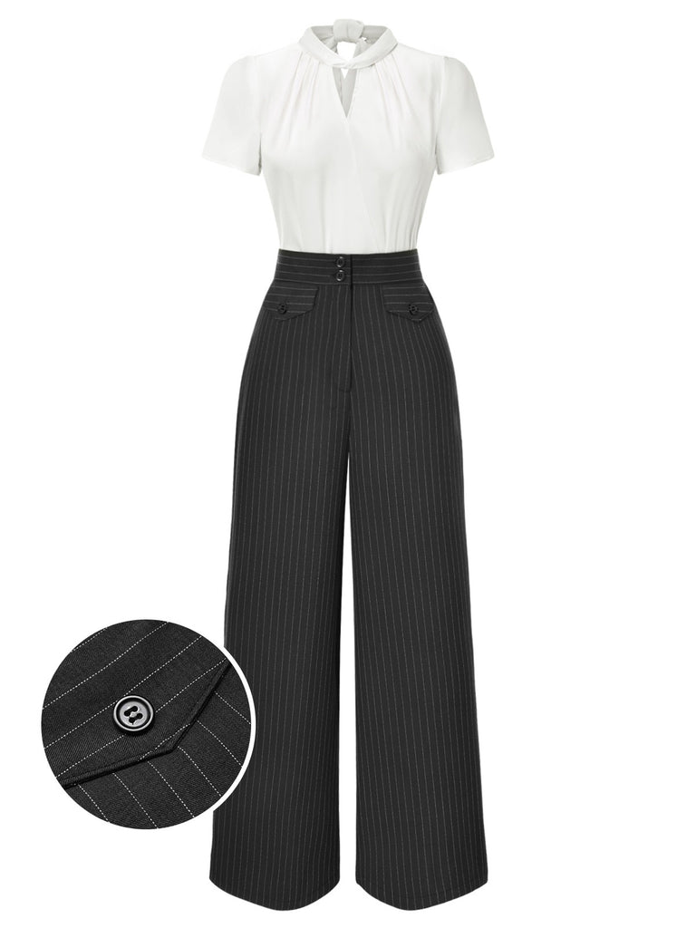 2PCS 1930s White Satin Blouse & Gray Pinstripes Pants