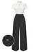 2PCS 1930s White Satin Blouse & Gray Pinstripes Pants