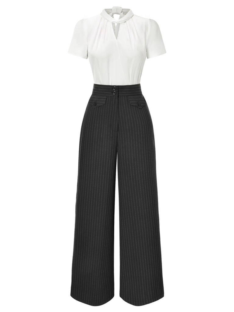 2PCS 1930s White Satin Blouse & Gray Pinstripes Pants