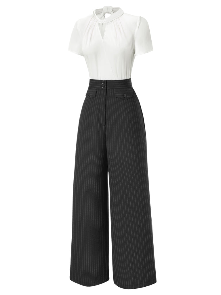 2PCS 1930s White Satin Blouse & Gray Pinstripes Pants