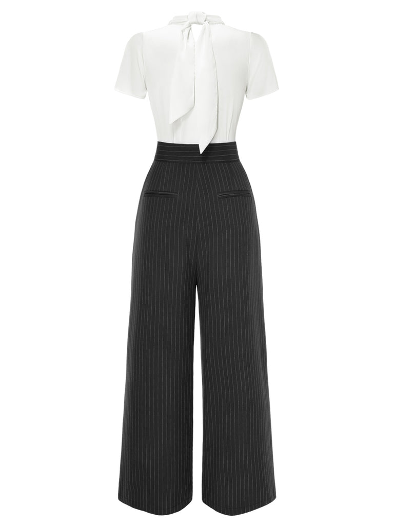 2PCS 1930s White Satin Blouse & Gray Pinstripes Pants