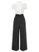 2PCS 1930s White Satin Blouse & Gray Pinstripes Pants