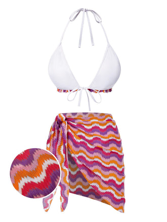 [Pre-Sale] 2PCS Multicolor 1960s Ruffle Halter Bikini & Skirt Cover-Up