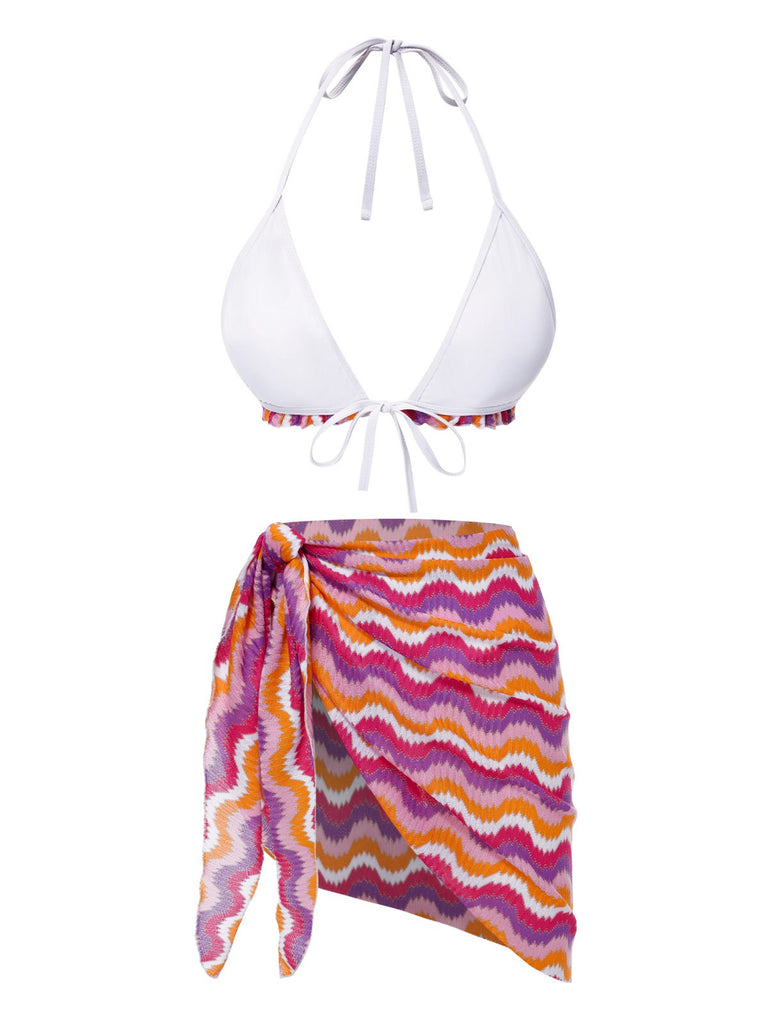 [Pre-Sale] 2PCS Multicolor 1960s Ruffle Halter Bikini & Skirt Cover-Up
