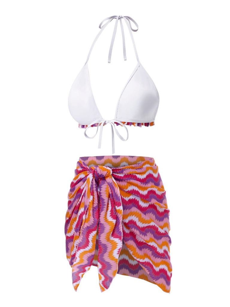 [Pre-Sale] 2PCS Multicolor 1960s Ruffle Halter Bikini & Skirt Cover-Up