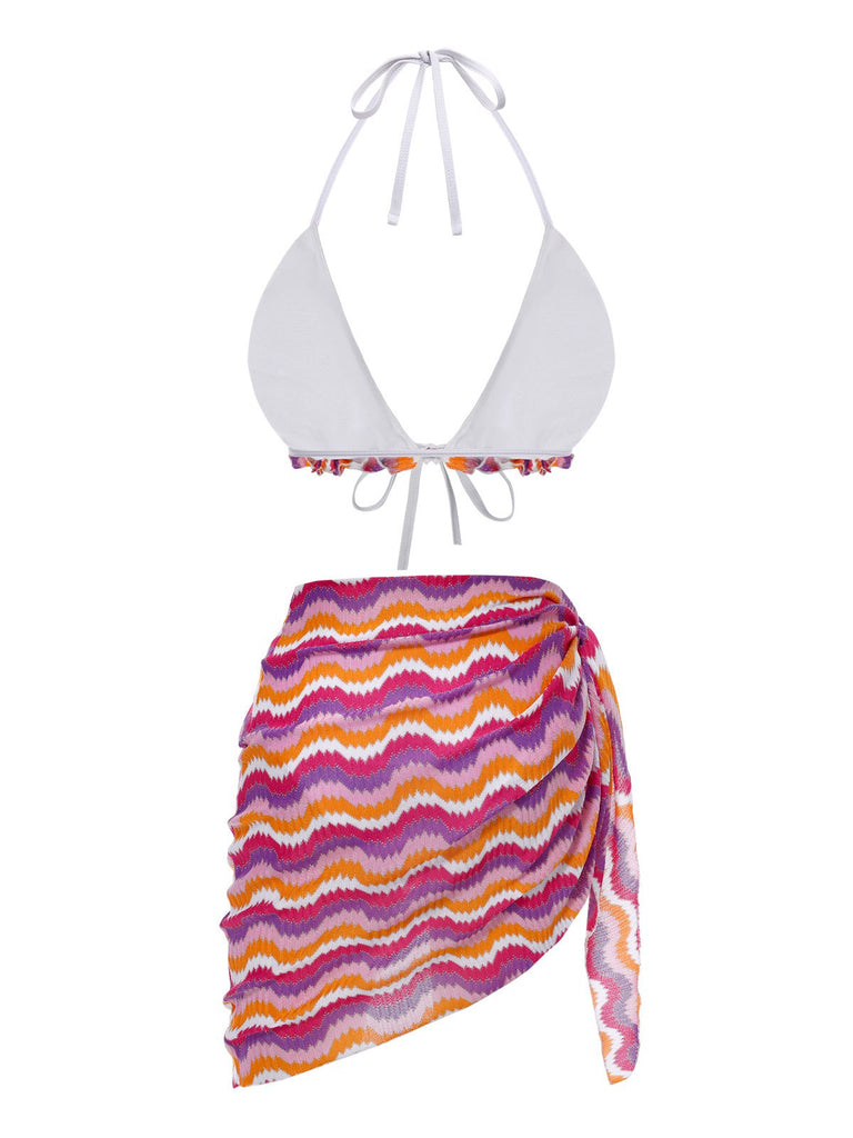 [Pre-Sale] 2PCS Multicolor 1960s Ruffle Halter Bikini & Skirt Cover-Up