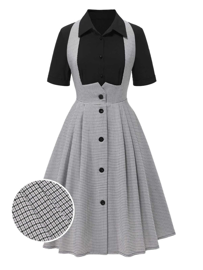 [Pre-Sale] 2PCS 1950s Black Blouse & Gray Pin Check Suspender Skirt