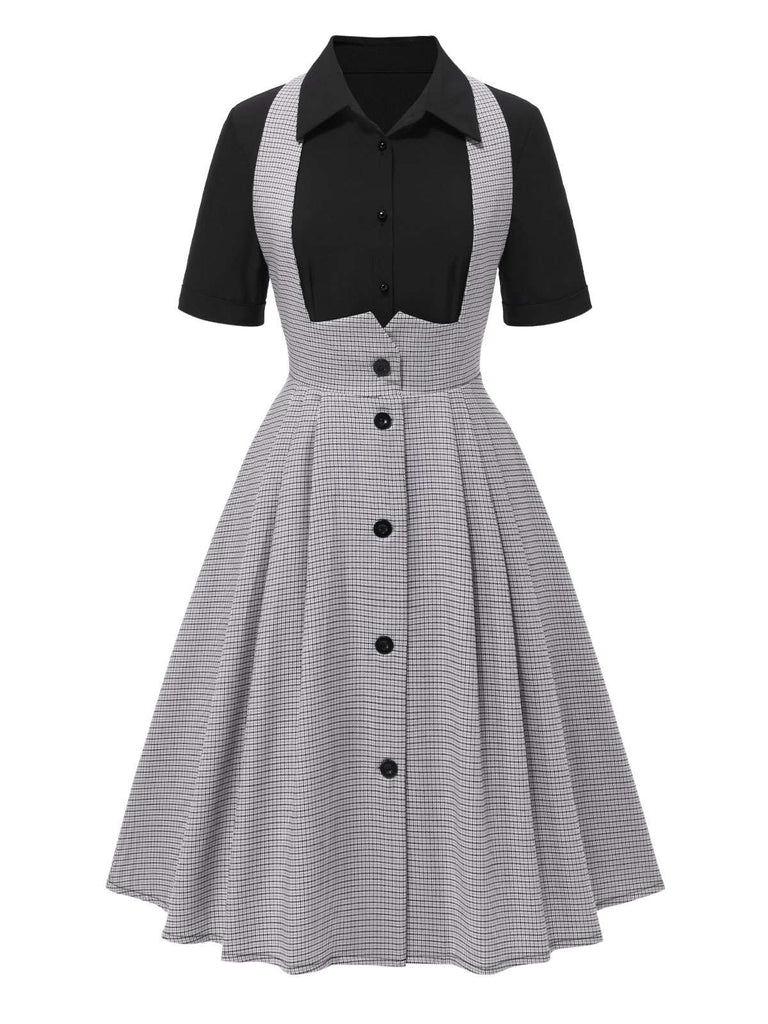 [Pre-Sale] 2PCS 1950s Black Blouse & Gray Pin Check Suspender Skirt
