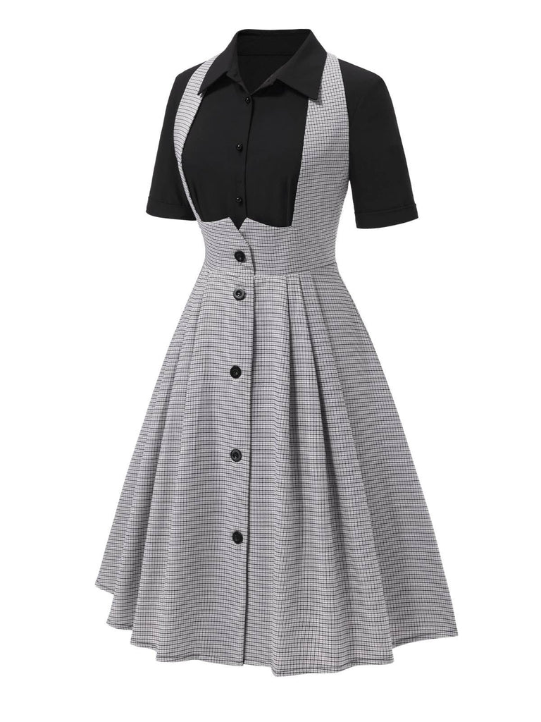 [Pre-Sale] 2PCS 1950s Black Blouse & Gray Pin Check Suspender Skirt