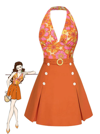 2PCS 1960s Floral Halter Top & Solid Skirt