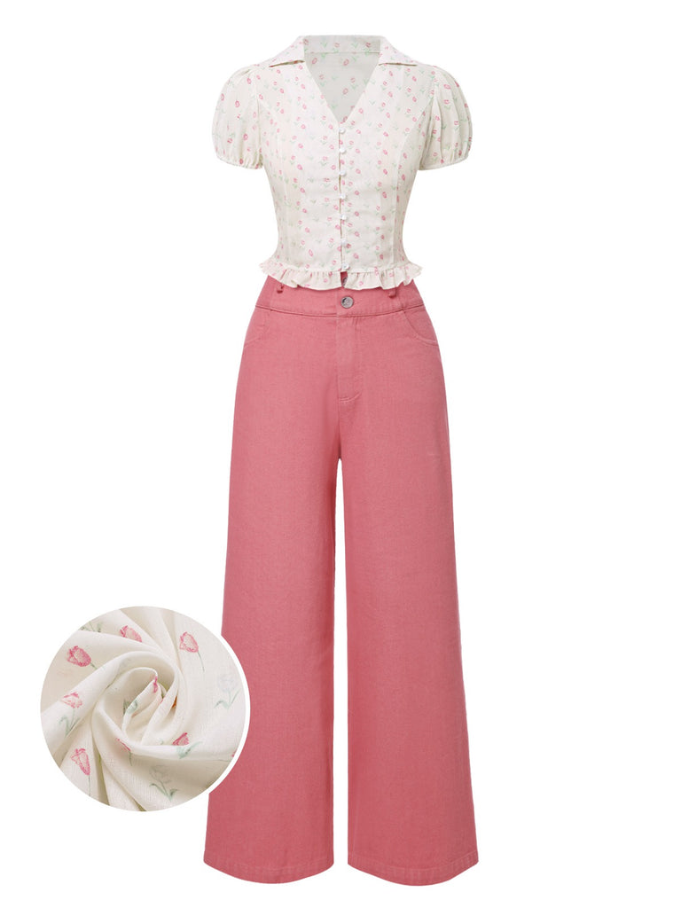 [Pre-Sale] 2PCS Pink 1950s Tulip Blouse & Rose Button Pants