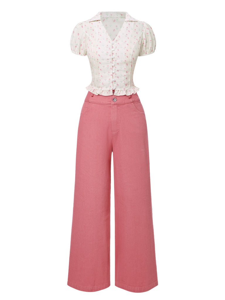 [Pre-Sale] 2PCS Pink 1950s Tulip Blouse & Rose Button Pants