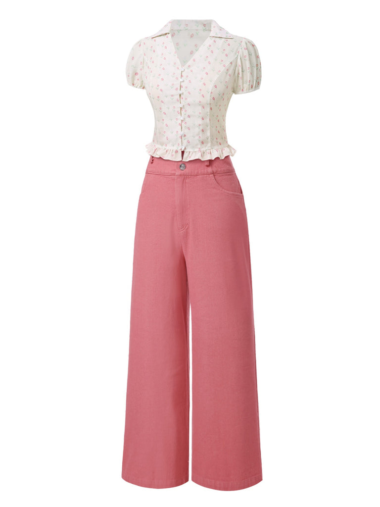 [Pre-Sale] 2PCS Pink 1950s Tulip Blouse & Rose Button Pants