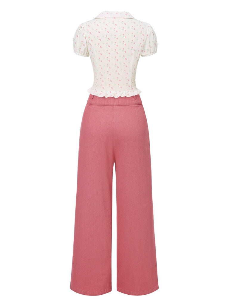 [Pre-Sale] 2PCS Pink 1950s Tulip Blouse & Rose Button Pants