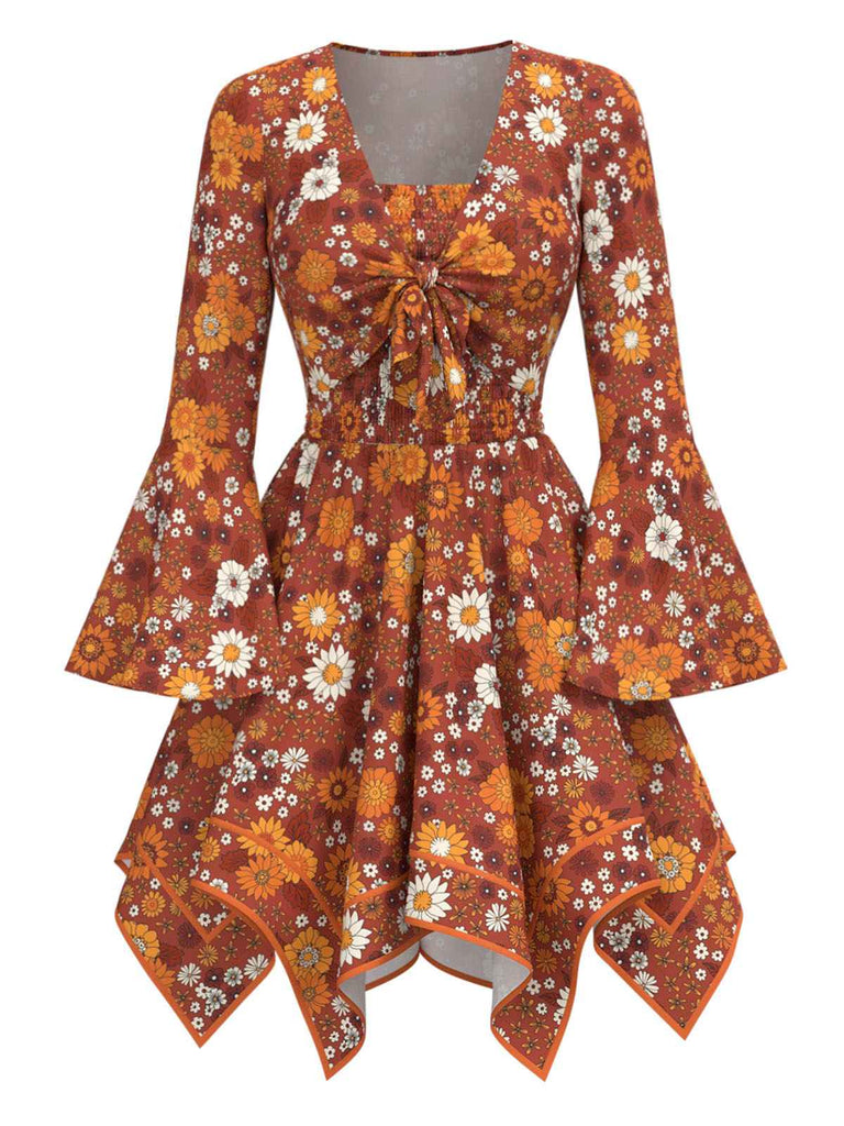[Pre-Sale] 2PCS Orange 1970s Hippie Floral Bell Sleeve Top & Dress