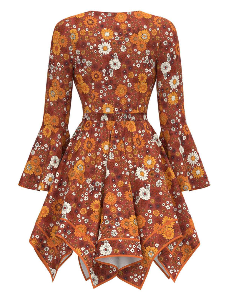 [Pre-Sale] 2PCS Orange 1970s Hippie Floral Bell Sleeve Top & Dress