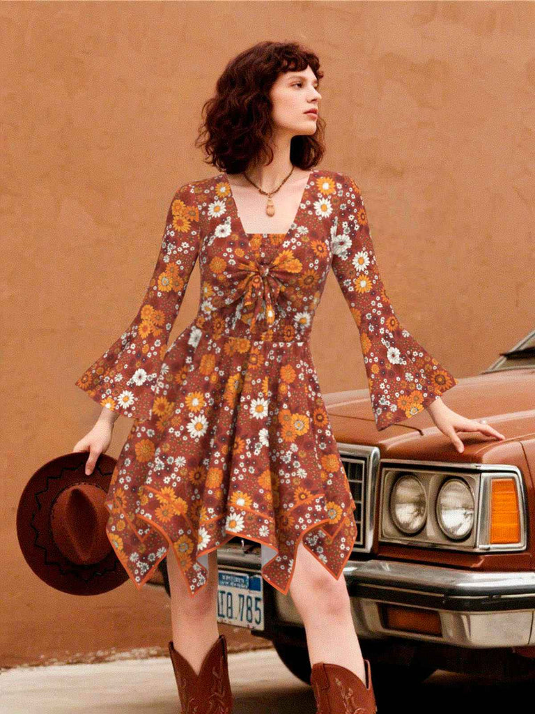 [Pre-Sale] 2PCS Orange 1970s Hippie Floral Bell Sleeve Top & Dress