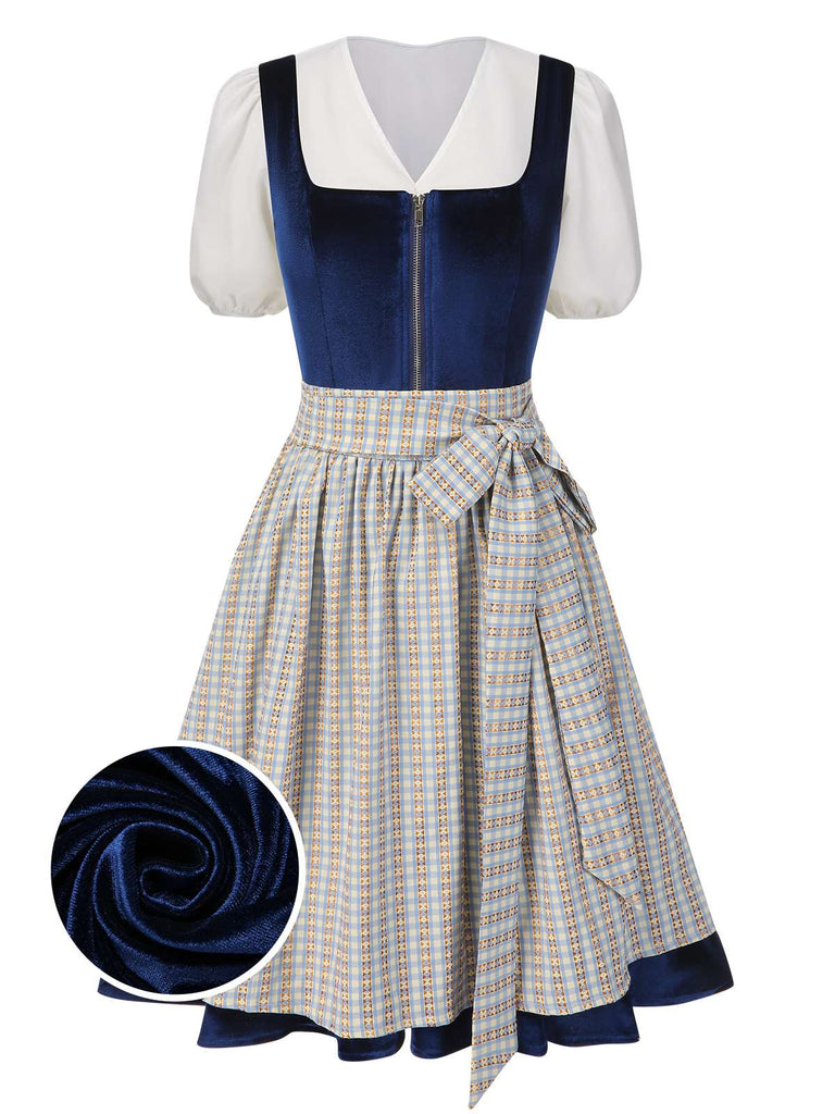 [Pre-Sale] 3PCS 1950s Blue Velvet Dress & Puff Top & Plaid Apron