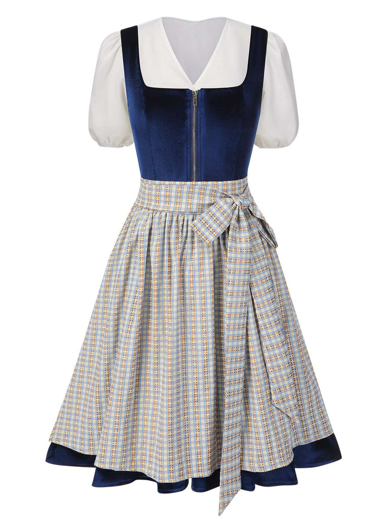 [Pre-Sale] 3PCS 1950s Blue Velvet Dress & Puff Top & Plaid Apron