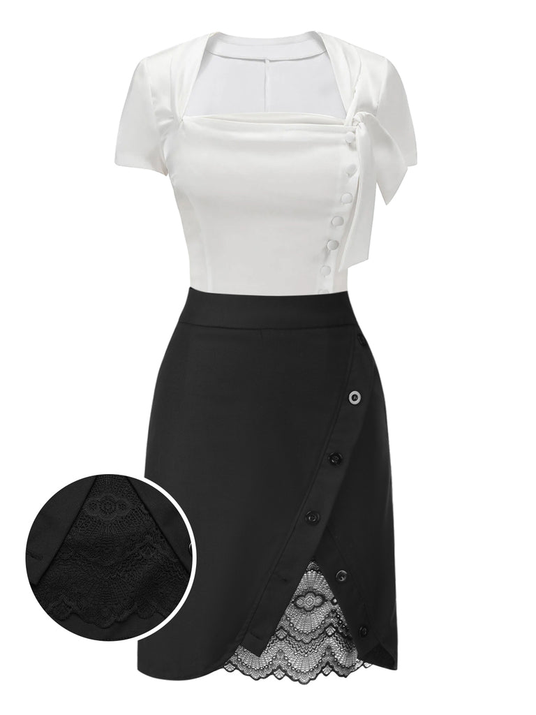 [Pre-Sale] 2PCS 1960s Button Shirt & Lace Hem Solid Skirt