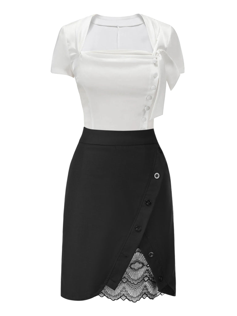[Pre-Sale] 2PCS 1960s Button Shirt & Lace Hem Solid Skirt