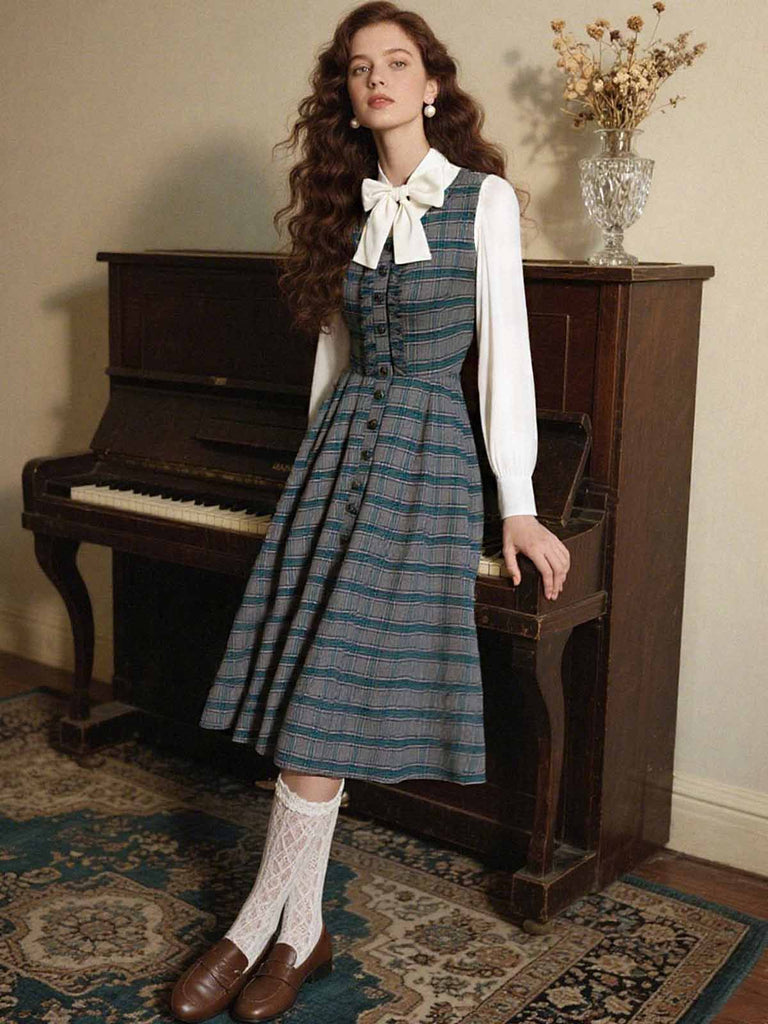 [Pre-Sale] 2PCS Gray 1950s Plaid Ruffled Dress & Cotton Blouse
