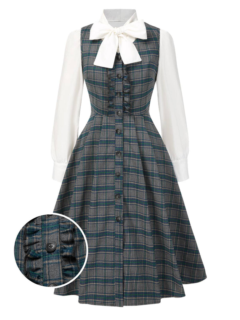 [Pre-Sale] 2PCS Gray 1950s Plaid Ruffled Dress & Cotton Blouse
