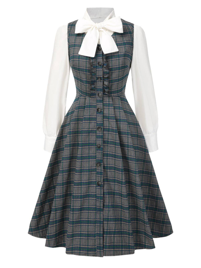[Pre-Sale] 2PCS Gray 1950s Plaid Ruffled Dress & Cotton Blouse