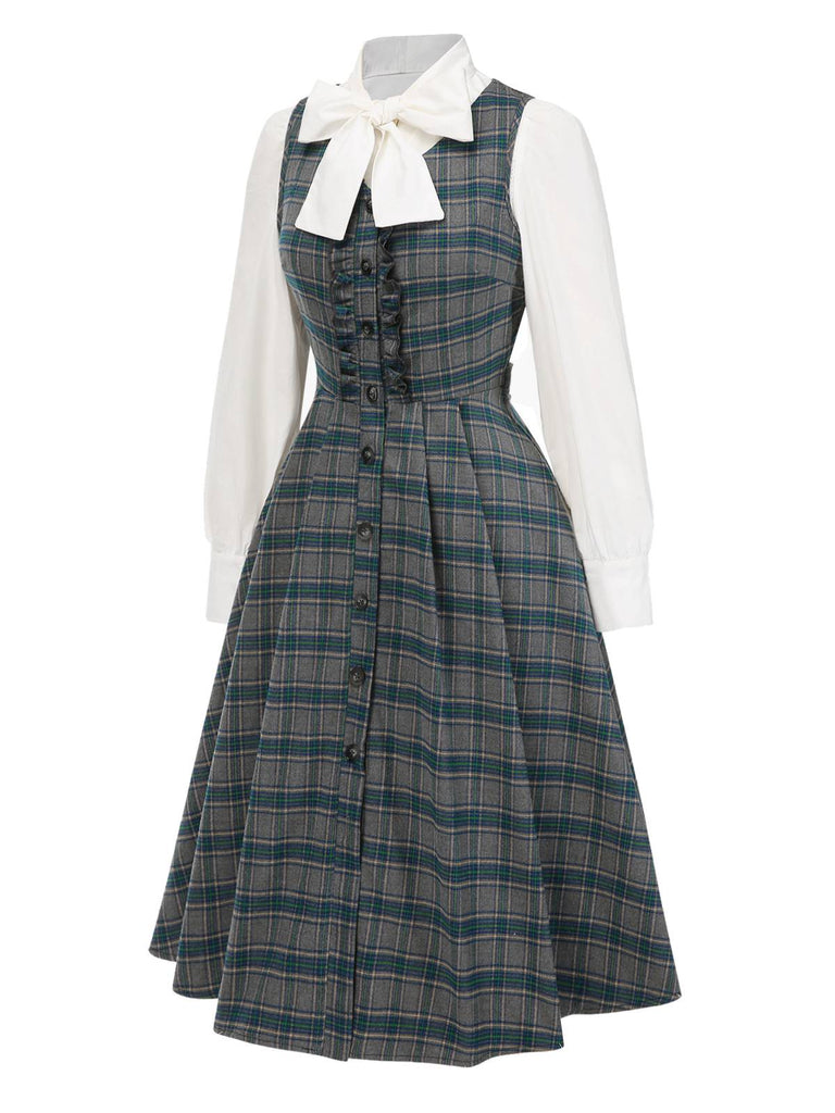 [Pre-Sale] 2PCS Gray 1950s Plaid Ruffled Dress & Cotton Blouse