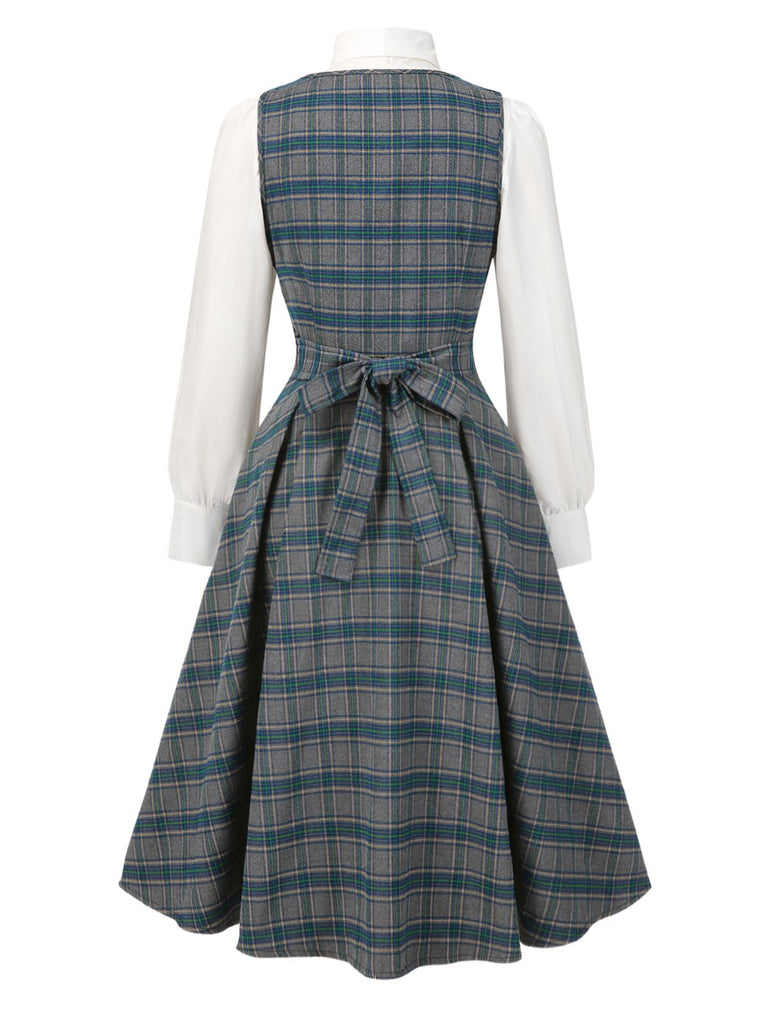 [Pre-Sale] 2PCS Gray 1950s Plaid Ruffled Dress & Cotton Blouse