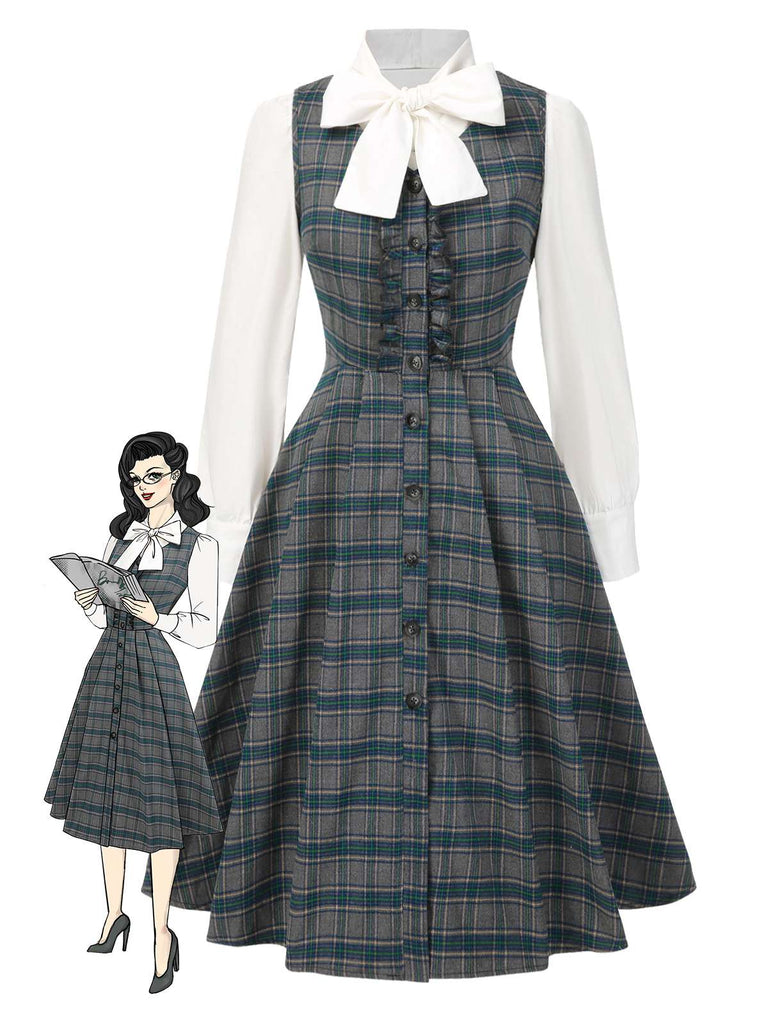 [Pre-Sale] 2PCS Gray 1950s Plaid Ruffled Dress & Cotton Blouse