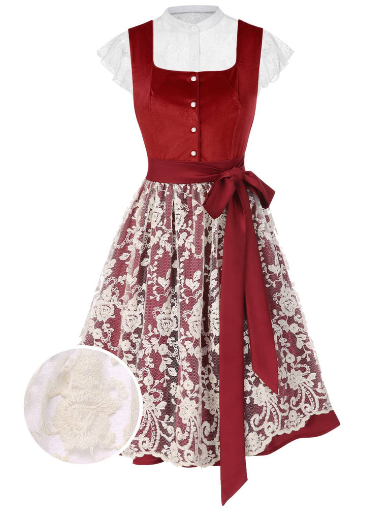 [Pre-Sale] 3PCS Red 1950s Floral Lace Velvet Dress & White Top