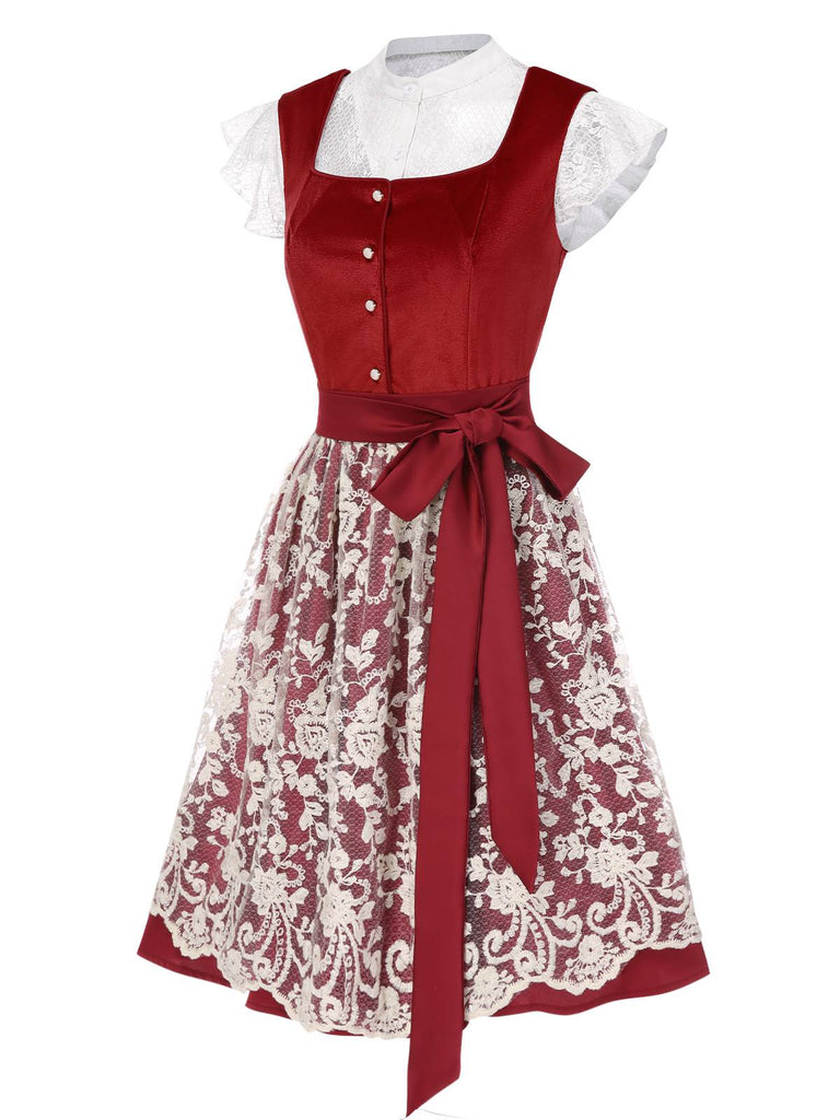 [Pre-Sale] 3PCS Red 1950s Floral Lace Velvet Dress & White Top